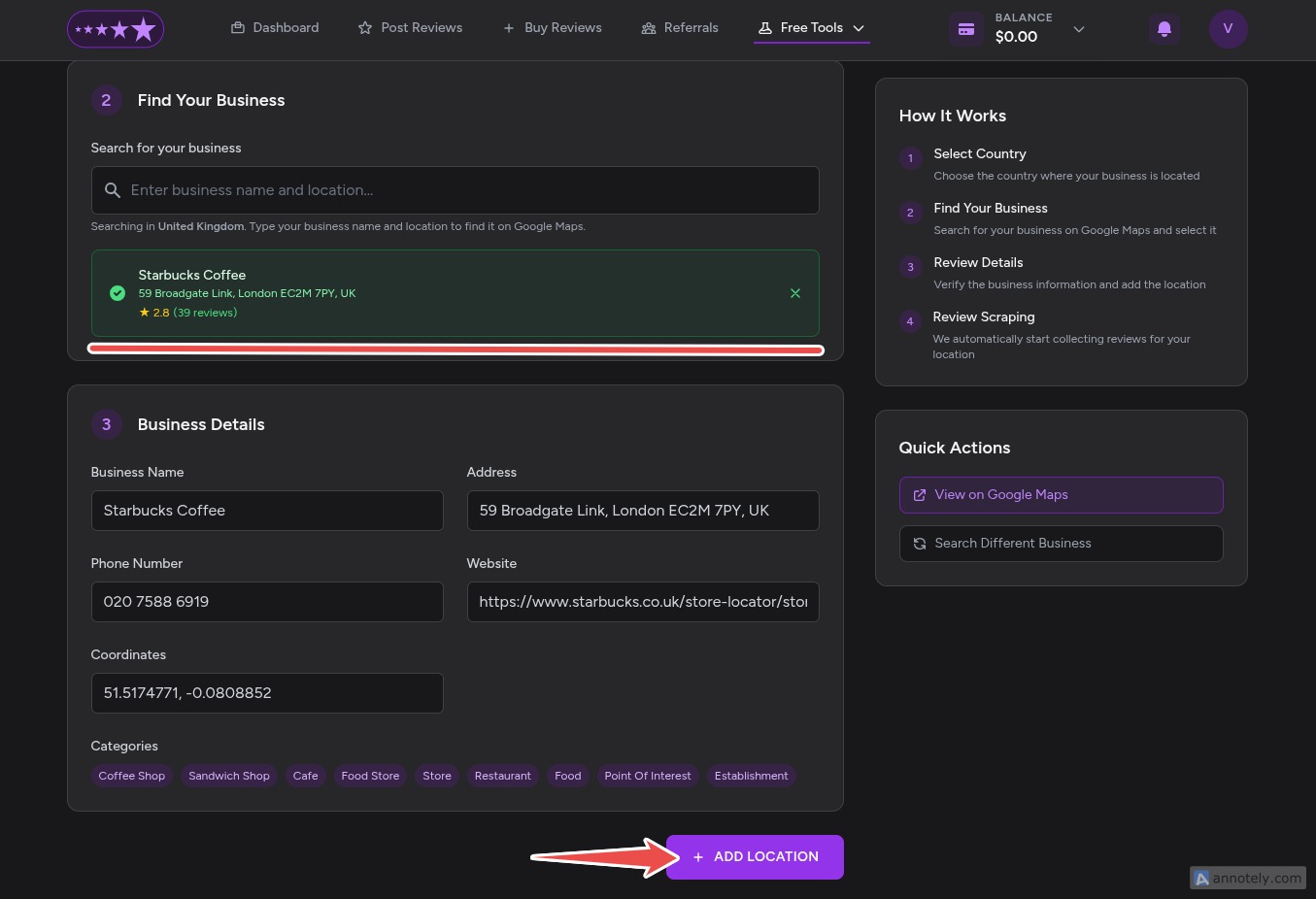 Company is Selected, Click on Add Location