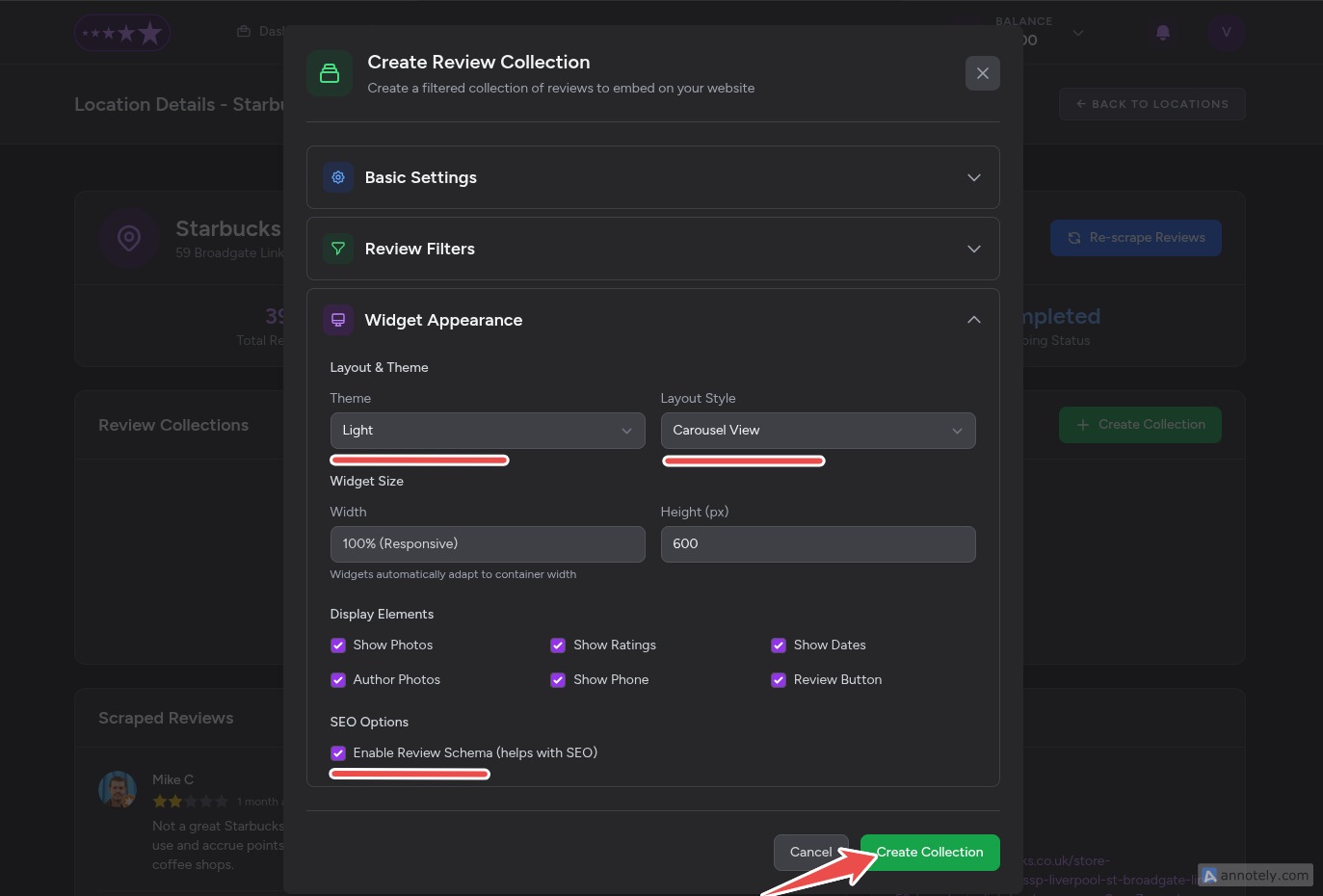 Customise Widget Design and Click Create Collection