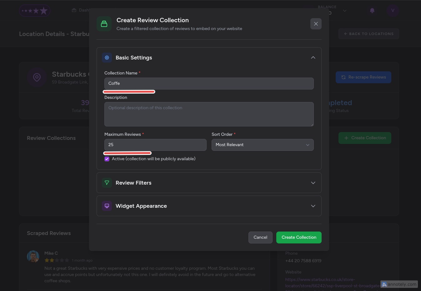 Set Collection Name and Number of Reviews