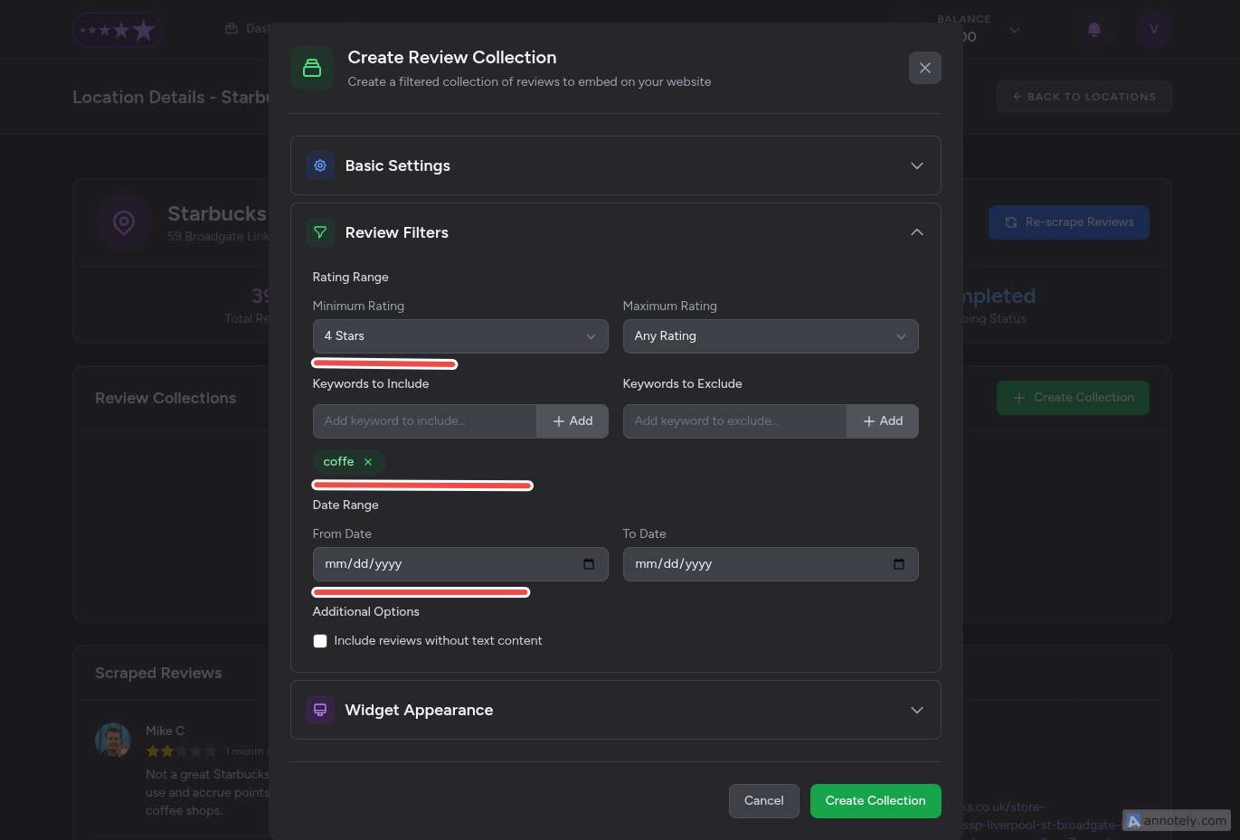 Set Filters, Like Number of Reviews, Date Range and Other Filters