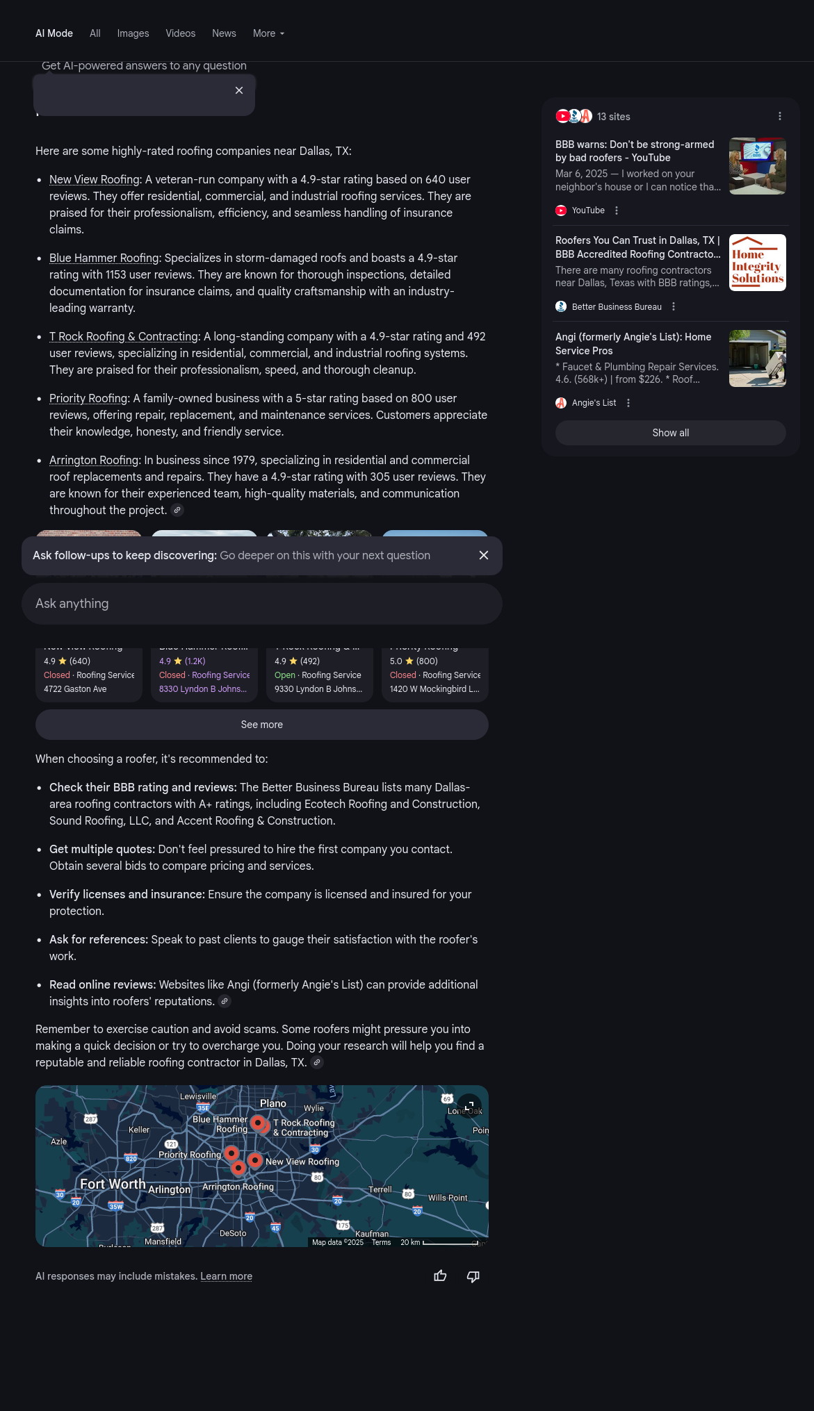 AI Search results for 'roofers dallas near me'